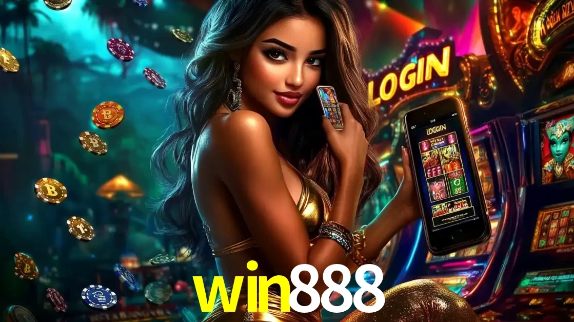 Mulher em um cenário de cassino temático de aventura, mostrando o app de caça-níqueis da win888 no celular. Fichas de apostas flutuam ao redor.