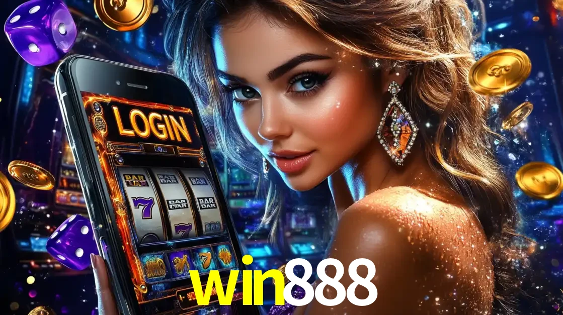 Mulher glamorosa segurando um smartphone com a tela de login para os jogos de caça-níqueis do cassino online win888, com moedas de ouro e dados ao redor.