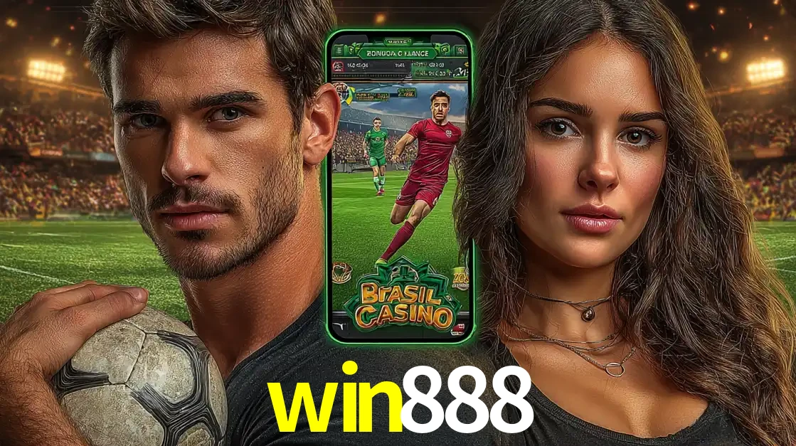 Homem segurando uma bola de futebol e uma mulher ao lado de um smartphone exibindo o jogo de apostas esportivas da win888. Faça seu palpite no cassino online.